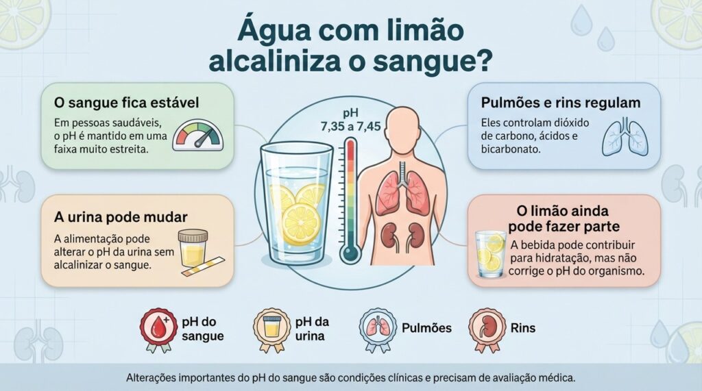 O limão pode influenciar a acidez eliminada pela urina, enquanto o pH do sangue é regulado principalmente por pulmões e rins.