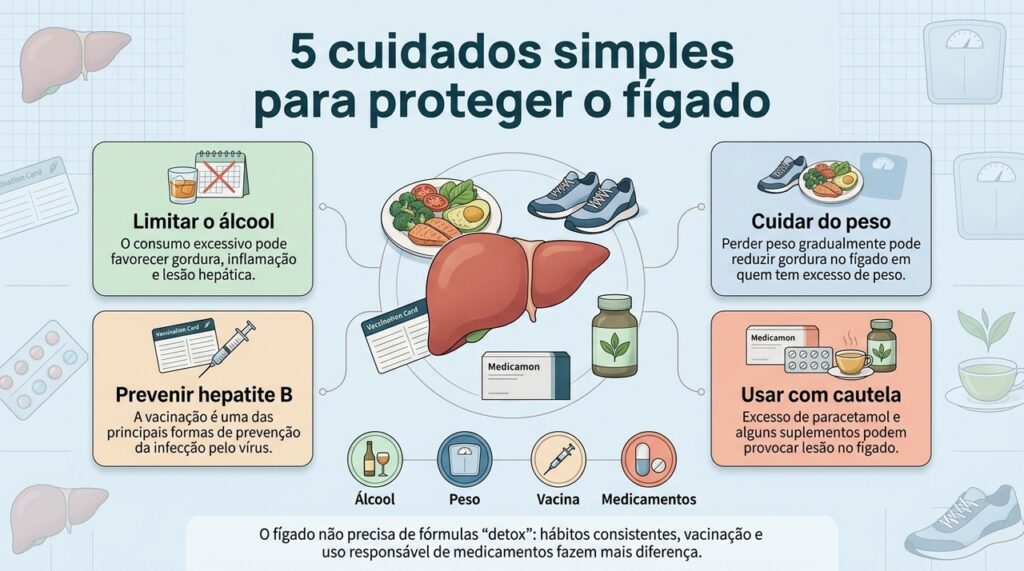 Hábitos consistentes, prevenção de hepatites e cuidado com medicamentos e suplementos ajudam a proteger o fígado no dia a dia.