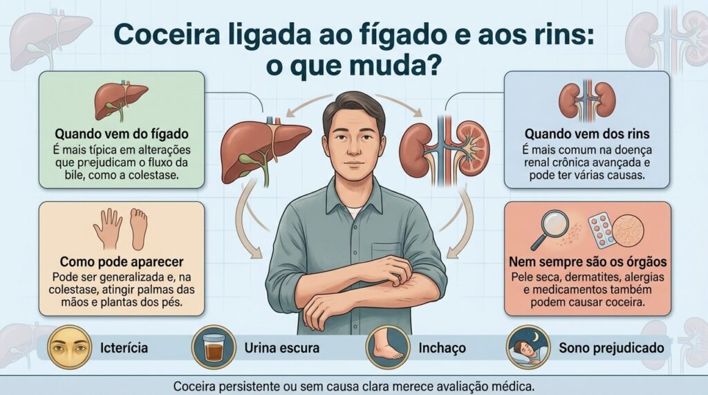 Coceira ligada ao fígado ou aos rins pode ter mecanismos e padrões diferentes, e a investigação depende do conjunto de sintomas.