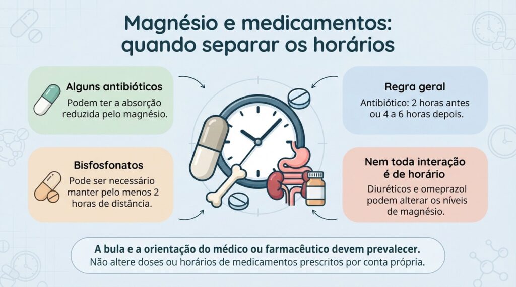 Antibióticos e alguns remédios para osteoporose podem exigir intervalo em relação ao magnésio, enquanto outras interações precisam de avaliação diferente.