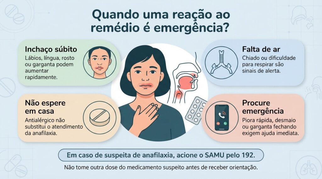 Falta de ar, inchaço da língua ou garganta, desmaio ou piora rápida após um medicamento são sinais de emergência.