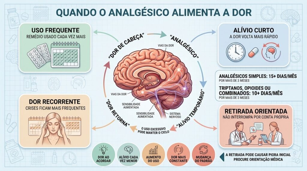 Uso frequente, alívio temporário e retorno da dor formam um ciclo persistente.