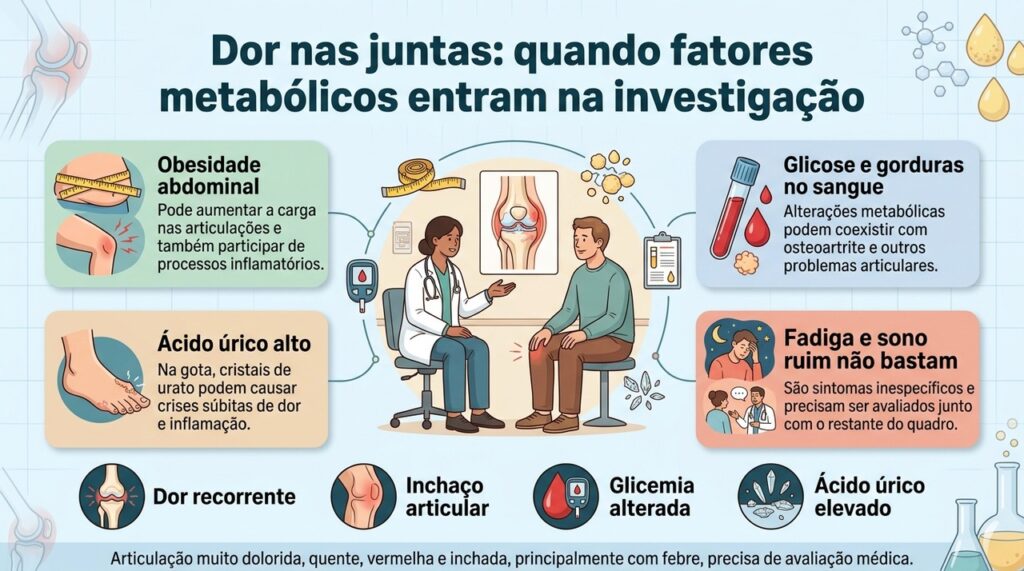 Fatores metabólicos podem acompanhar algumas doenças articulares, mas a causa da dor só pode ser definida com avaliação clínica.