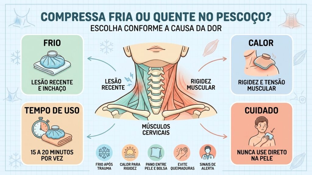Frio para lesões recentes, calor para tensão muscular e aplicação cuidadosa ajudam a aliviar a dor cervical.
