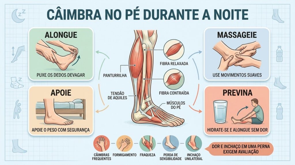 Alongamento, massagem, apoio seguro e hidratação ajudam no controle das câimbras noturnas.