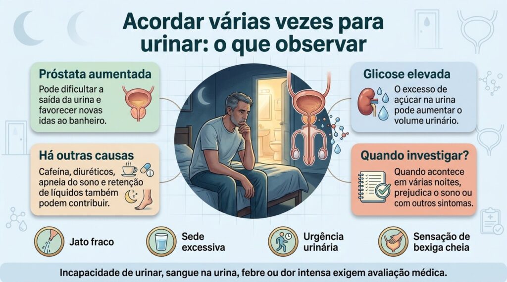 Observar sintomas urinários e sinais como sede excessiva pode ajudar a orientar a investigação da noctúria.