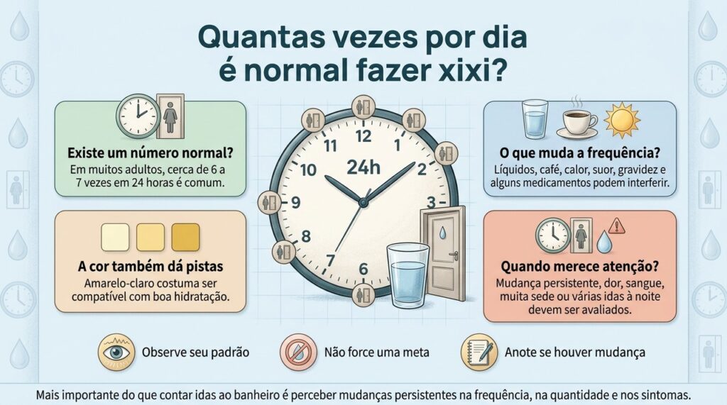 O padrão urinário varia entre pessoas, e mudanças persistentes costumam ser mais importantes do que um número isolado.