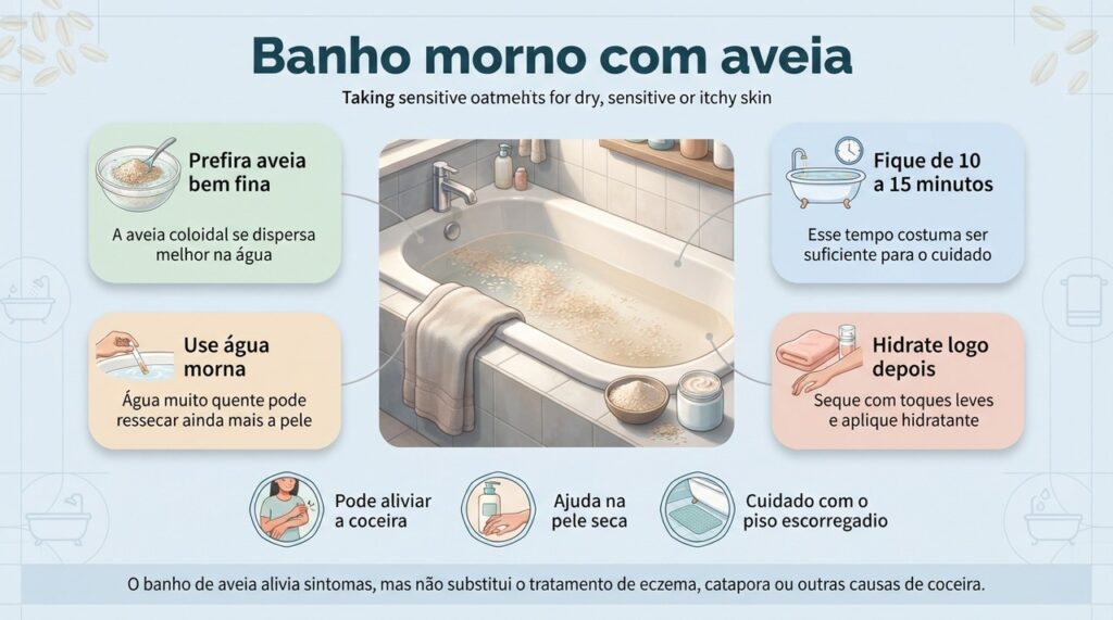 Água morna, aveia coloidal, secagem delicada e hidratante formam uma rotina simples para aliviar temporariamente a pele seca e com coceira.