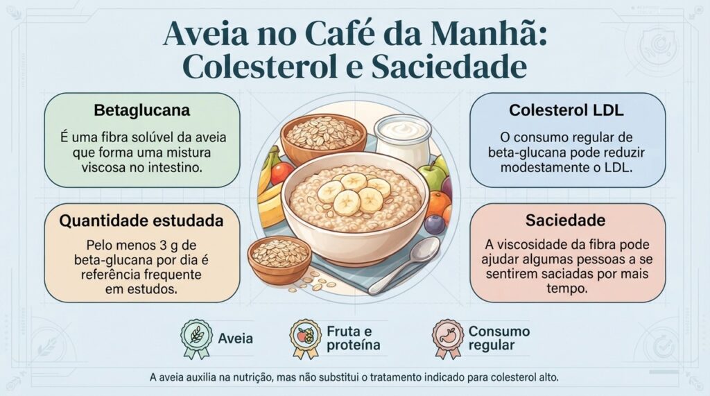 A betaglucana da aveia tem efeito bem estabelecido sobre o LDL, enquanto a saciedade pode variar conforme a refeição e a pessoa.
