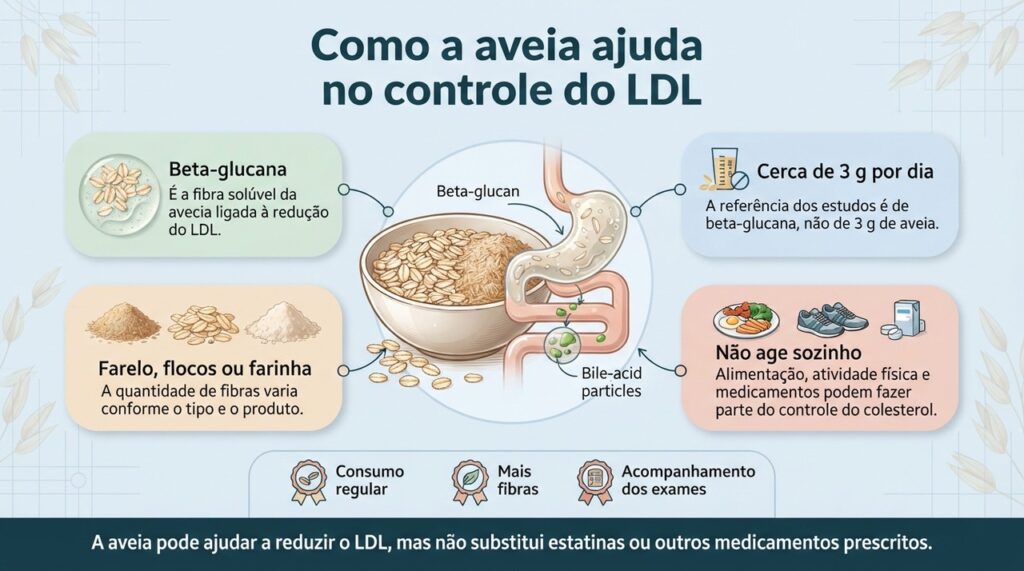 O benefício da aveia para o LDL depende da beta-glucana e funciona melhor dentro de um padrão alimentar saudável.