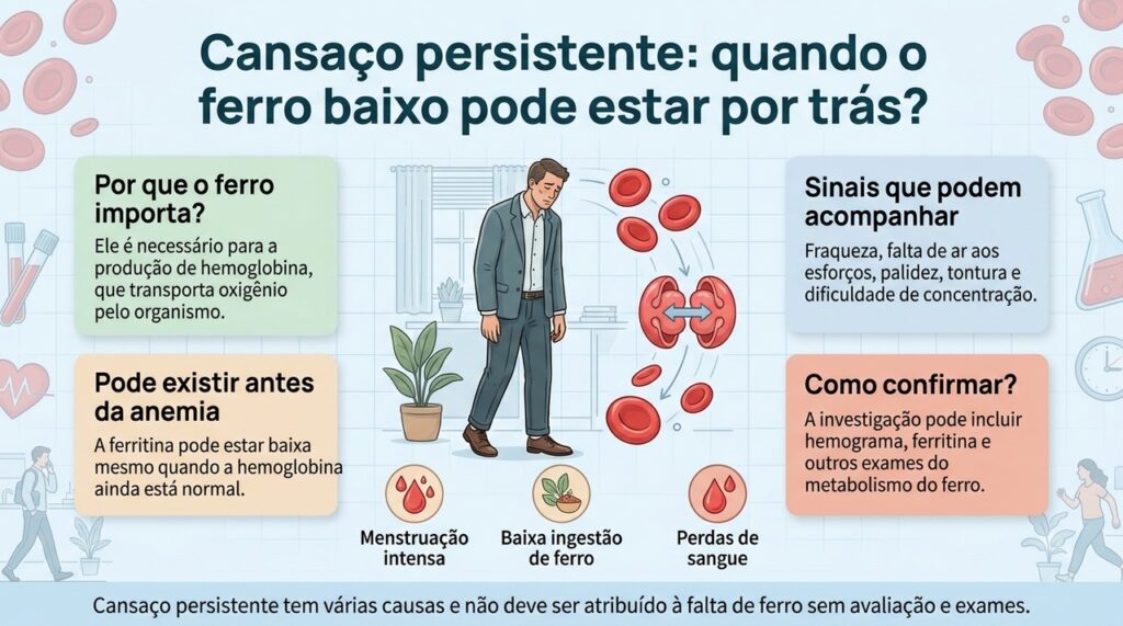 A deficiência de ferro pode causar fadiga mesmo antes da anemia, mas a confirmação depende de exames de sangue.