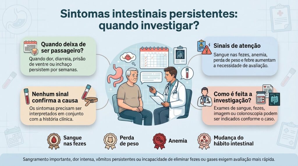 A duração dos sintomas e a presença de sinais de alerta ajudam a definir quando o intestino precisa ser investigado.