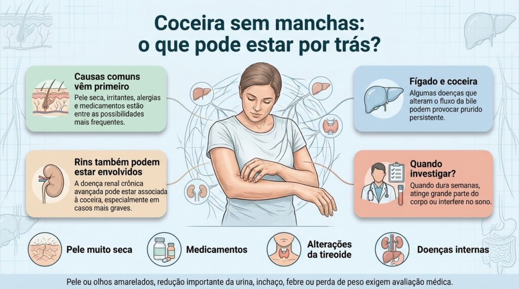 A coceira sem causa aparente pode ter origens diferentes, e a duração e os sintomas associados ajudam a orientar a investigação.
