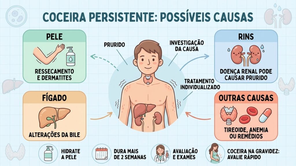 Pele, rins, fígado, tireoide e medicamentos podem estar envolvidos; identificar a causa orienta o tratamento.