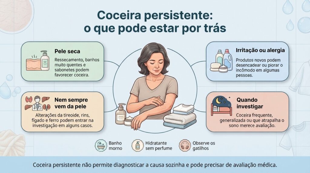 Observar a pele, os produtos usados e outros sintomas ajuda a orientar a investigação da coceira persistente.