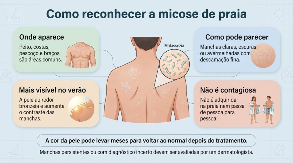 A pitiríase versicolor costuma causar manchas com descamação fina e pode ficar mais evidente nos meses quentes.