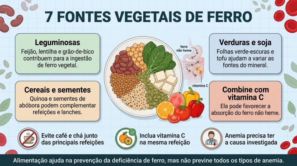 Fontes vegetais de ferro podem contribuir para a alimentação, especialmente quando combinadas com vitamina C e outros cuidados que favorecem a absorção.