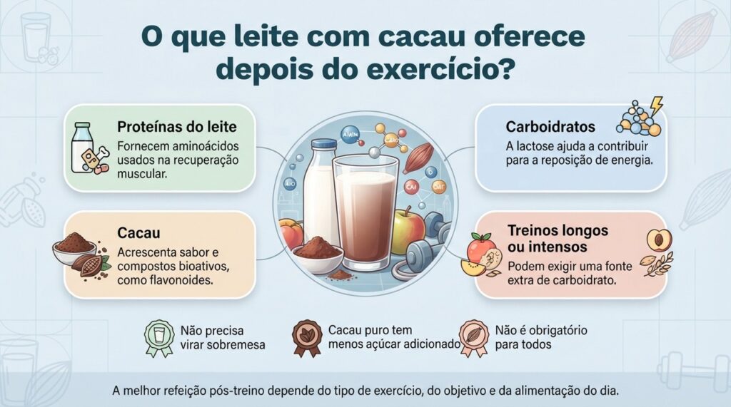 Leite com cacau pode ser uma opção simples no pós-treino, mas a necessidade de carboidratos e proteínas varia conforme o exercício.