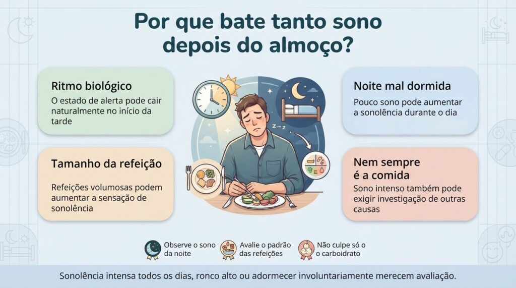 Quando o sono depois do almoço é muito intenso ou frequente, vale observar também qualidade do sono, rotina e outros sintomas.