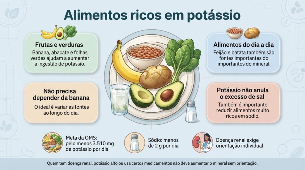Aumentar fontes de potássio e reduzir o excesso de sódio faz mais sentido do que apostar em um único alimento.