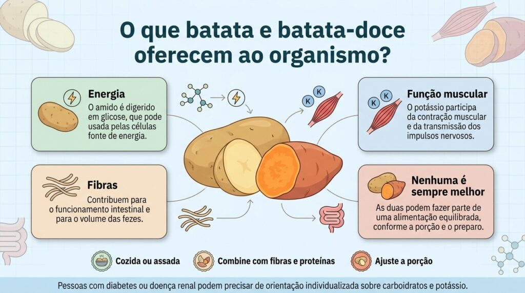 Batata e batata-doce podem fornecer energia, potássio e fibras quando entram em uma alimentação variada e equilibrada.