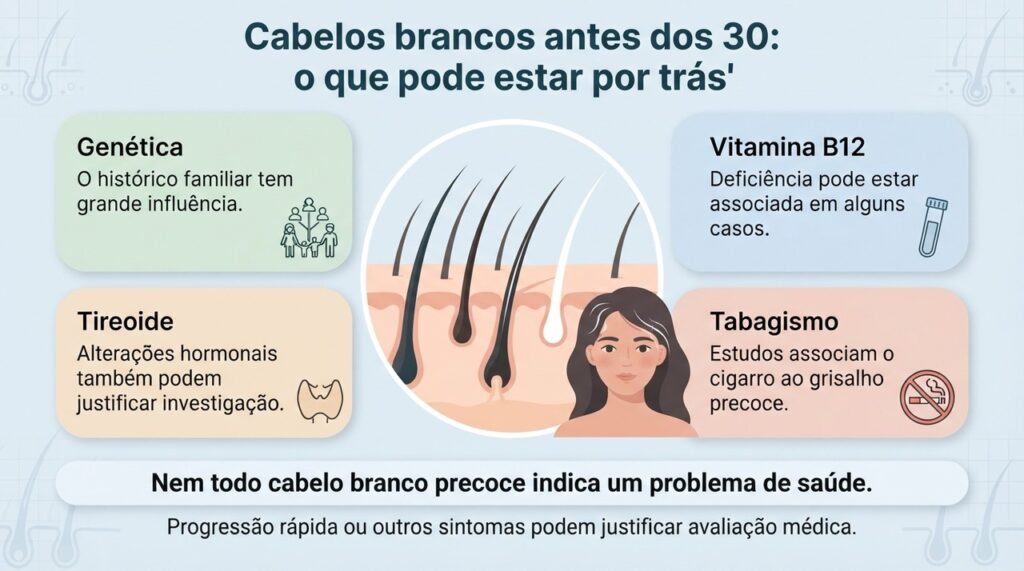 Genética é um dos principais fatores do grisalho precoce, mas deficiência de B12, alterações da tireoide e tabagismo podem estar associados.