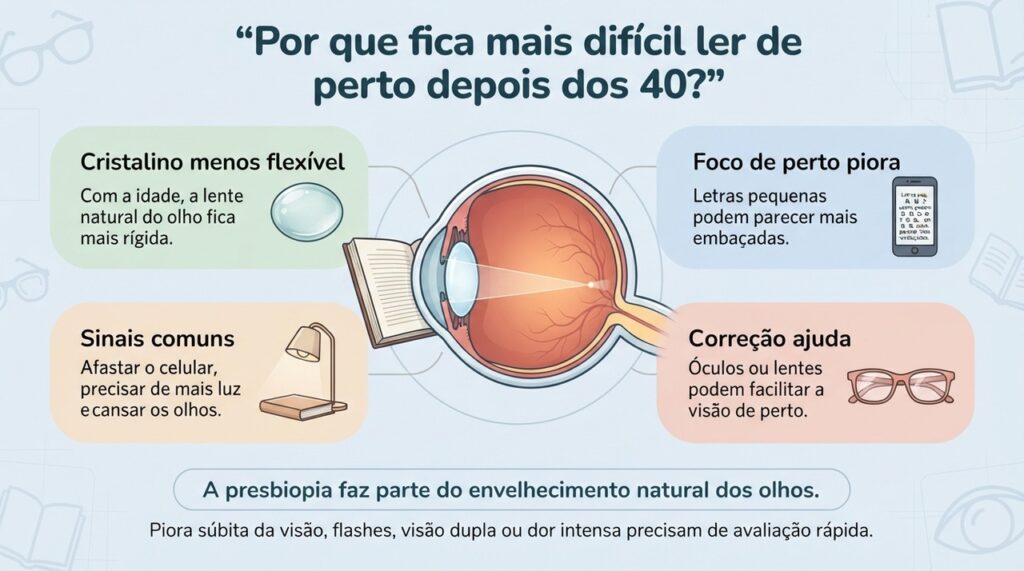 Depois dos 40, a perda gradual de flexibilidade do cristalino dificulta o foco em objetos próximos.