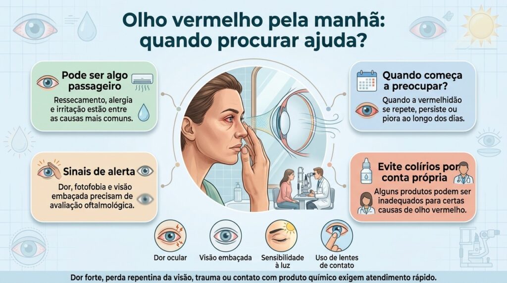 A combinação de vermelhidão com dor, fotofobia ou alteração da visão ajuda a identificar quando é preciso procurar o oftalmologista.