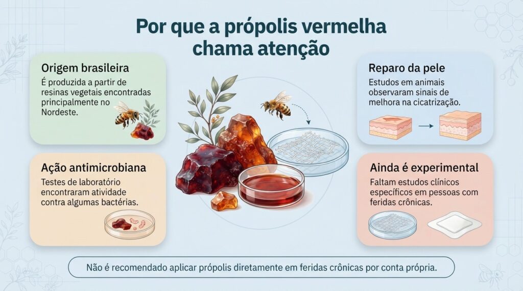 A própolis vermelha mostra resultados promissores em estudos experimentais, mas ainda não tem eficácia específica comprovada para feridas crônicas em pessoas.