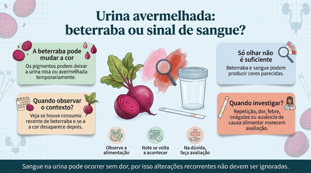 A relação com a beterraba ajuda a orientar, mas alterações recorrentes ou acompanhadas de sintomas precisam ser investigadas.