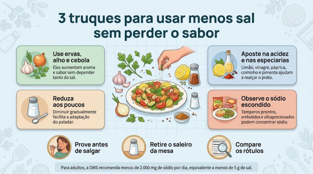 Reduzir o sal fica mais fácil quando ervas, acidez, especiarias e alimentos menos processados assumem parte do sabor.