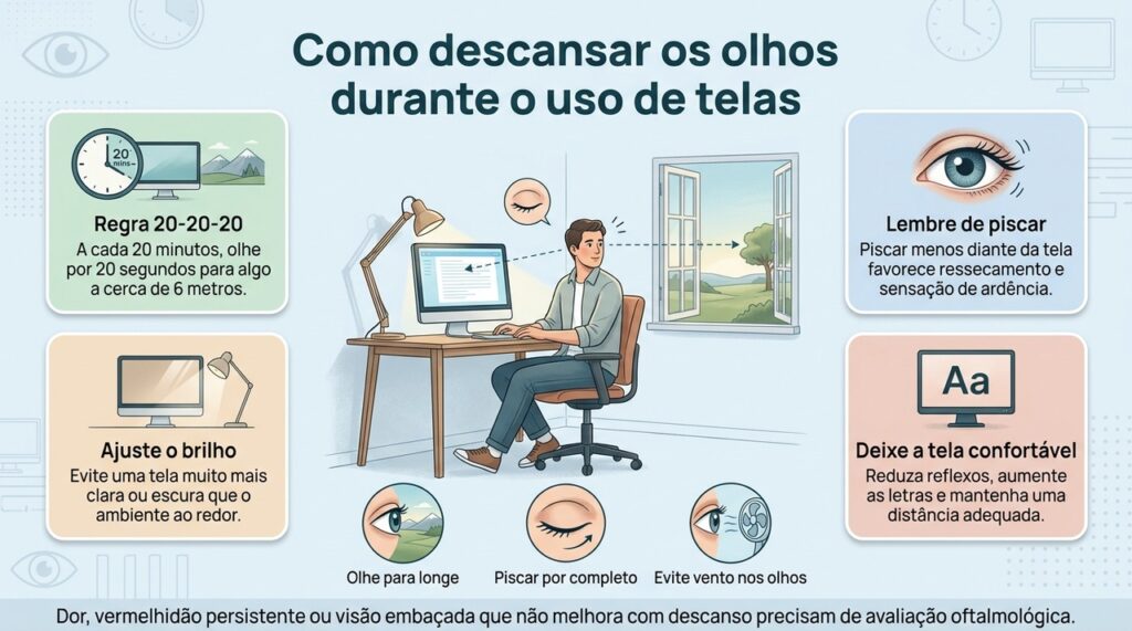 Pausas, piscadas completas e ajustes de iluminação ajudam a tornar o uso prolongado de telas mais confortável para os olhos.