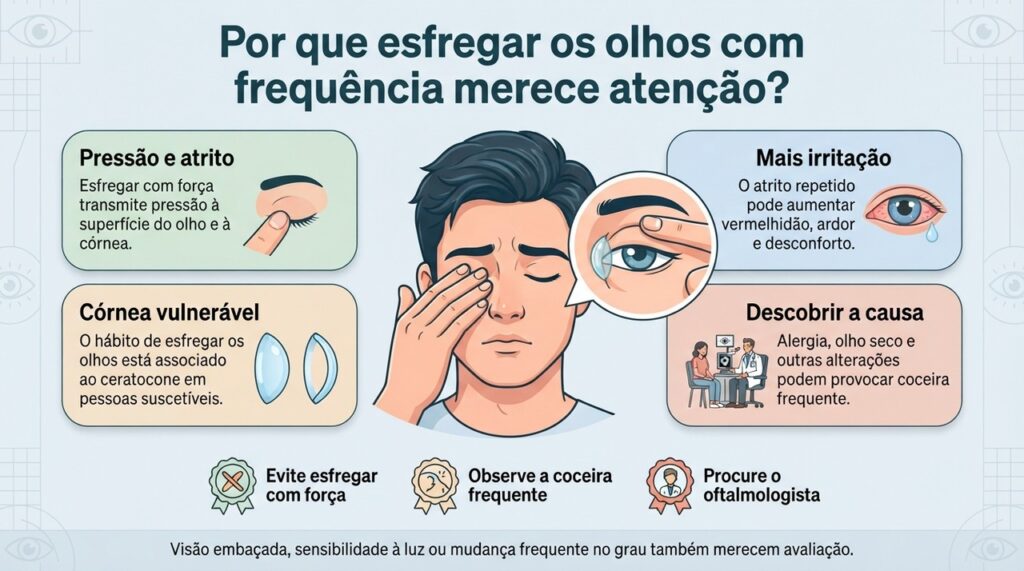O problema não é uma coçada ocasional, mas o atrito frequente ou intenso e a causa que mantém os olhos coçando.