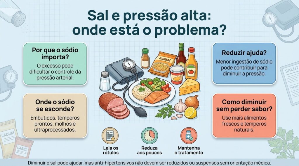 Controlar o sódio da alimentação ajuda no manejo da hipertensão, mas não substitui automaticamente os medicamentos prescritos.