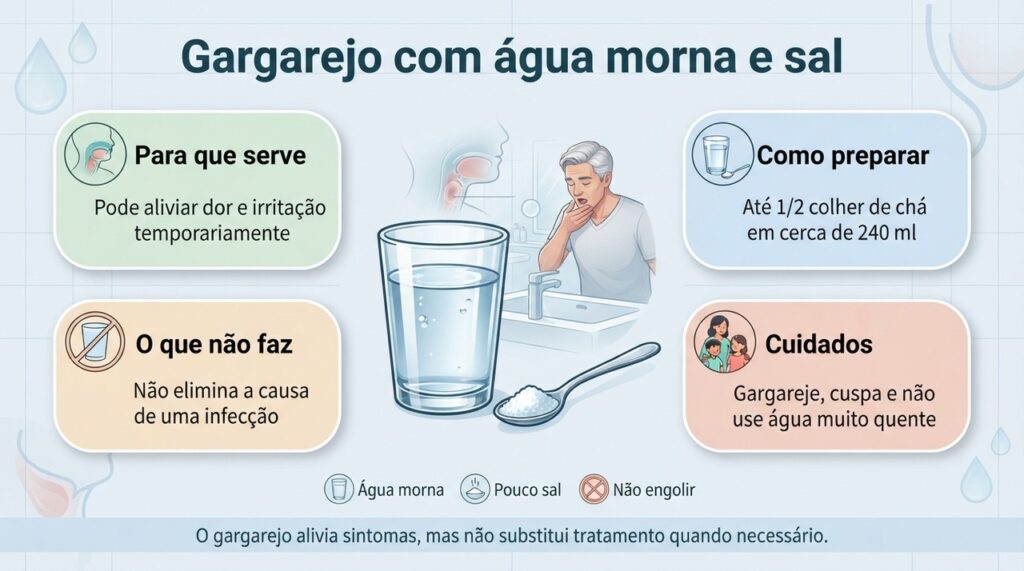 O gargarejo pode trazer conforto, mas não trata diretamente a causa da dor de garganta.
