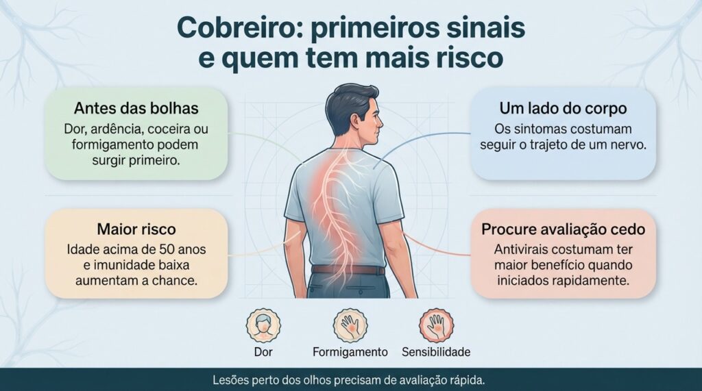 O cobreiro pode começar com dor, ardência ou formigamento antes do surgimento das lesões.