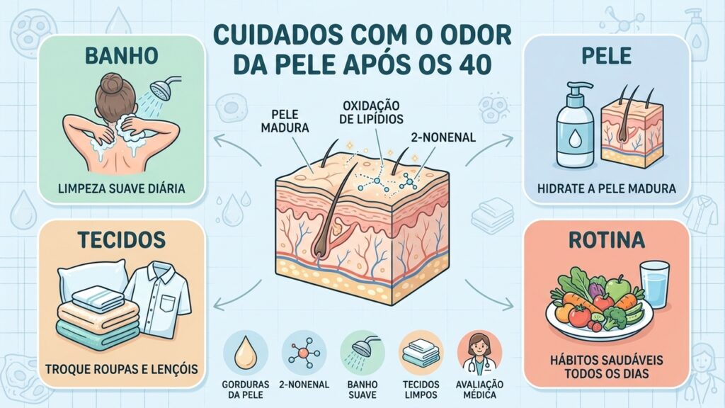 Banho suave, hidratação e tecidos limpos ajudam a cuidar da pele madura e controlar odores.