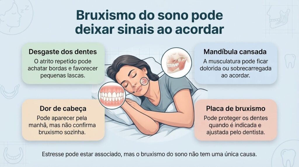 Desgaste dentário, cansaço na mandíbula e dor de cabeça ao acordar podem aparecer em quadros de bruxismo do sono.