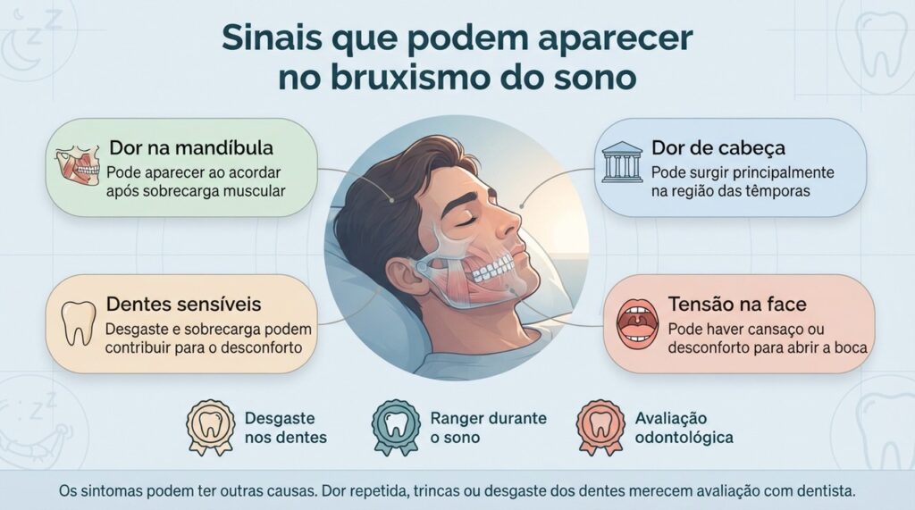Bruxismo do sono pode estar associado a dor na mandíbula, tensão facial, sensibilidade dentária e cefaleia matinal.