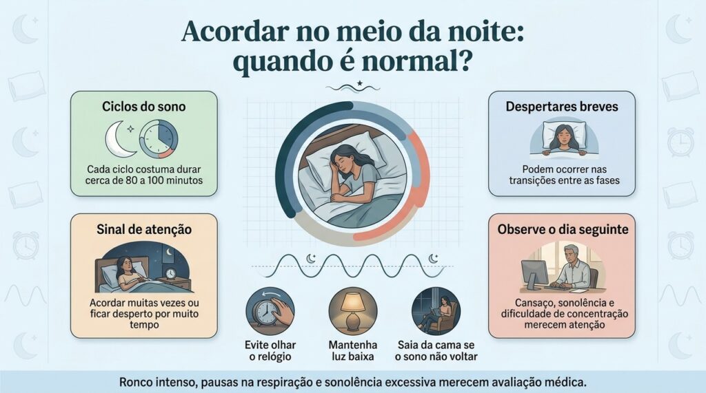 A frequência dos despertares, o tempo acordado e o impacto no dia seguinte ajudam a diferenciar uma interrupção normal de um problema persistente.