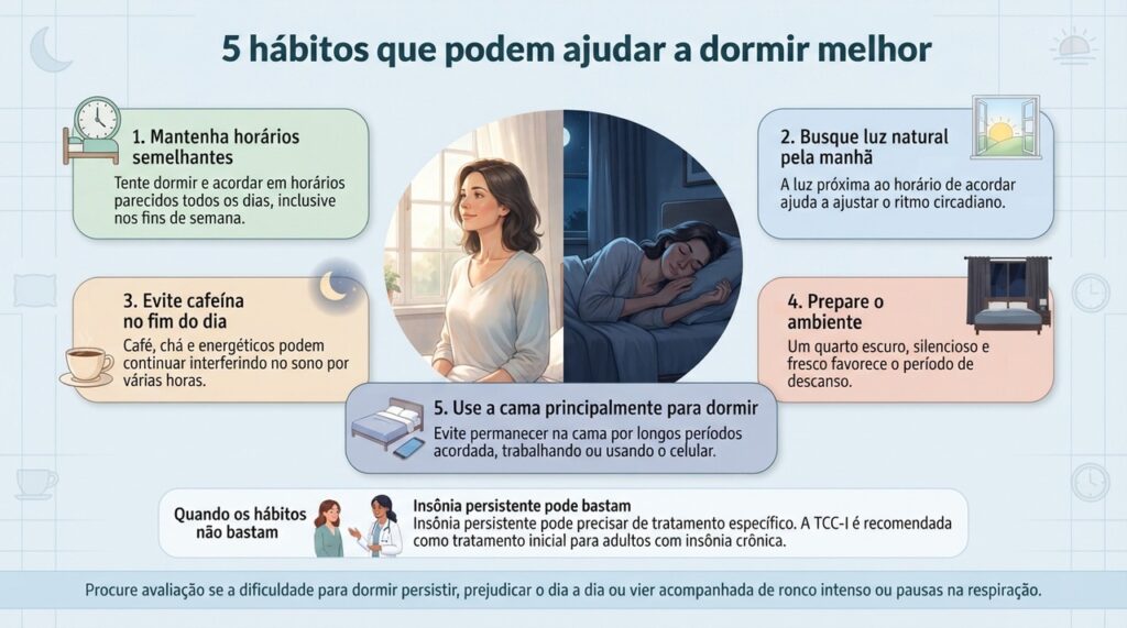 Regularidade, luz pela manhã, menos cafeína à noite e um ambiente adequado podem favorecer o sono, mas insônia persistente pode exigir tratamento específico.