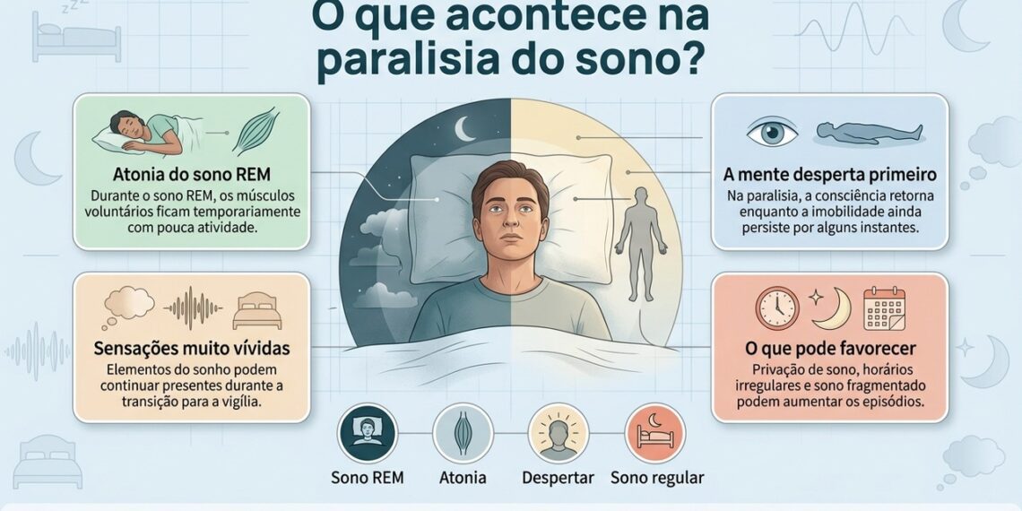 A paralisia do sono costuma ser breve e benigna, mas episódios frequentes ou associados a outros sintomas devem ser investigados.