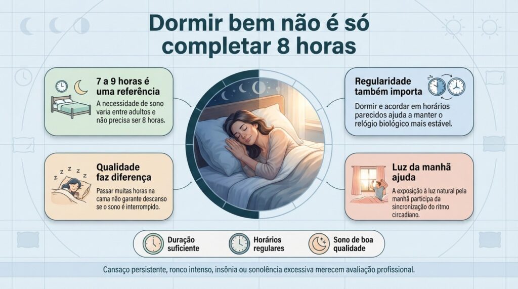 Um sono reparador depende da combinação entre duração suficiente, regularidade, horário adequado e boa qualidade do descanso.