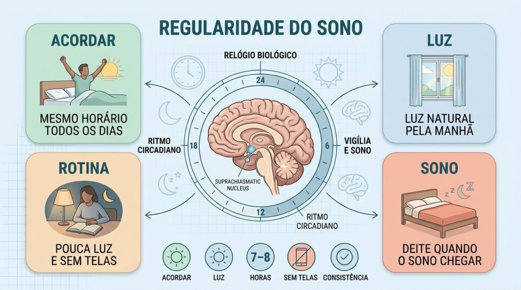 Horário fixo para acordar, luz matinal e rotina consistente ajudam a organizar o sono.