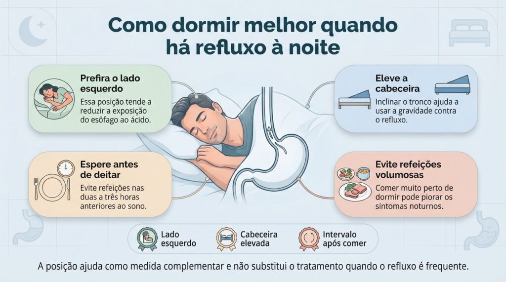 Lado esquerdo, cabeceira elevada e intervalo após as refeições podem ajudar a reduzir o refluxo durante a noite.
