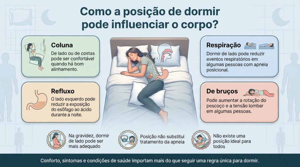 A posição escolhida durante o sono pode influenciar coluna, respiração e refluxo, mas a melhor opção varia de pessoa para pessoa.