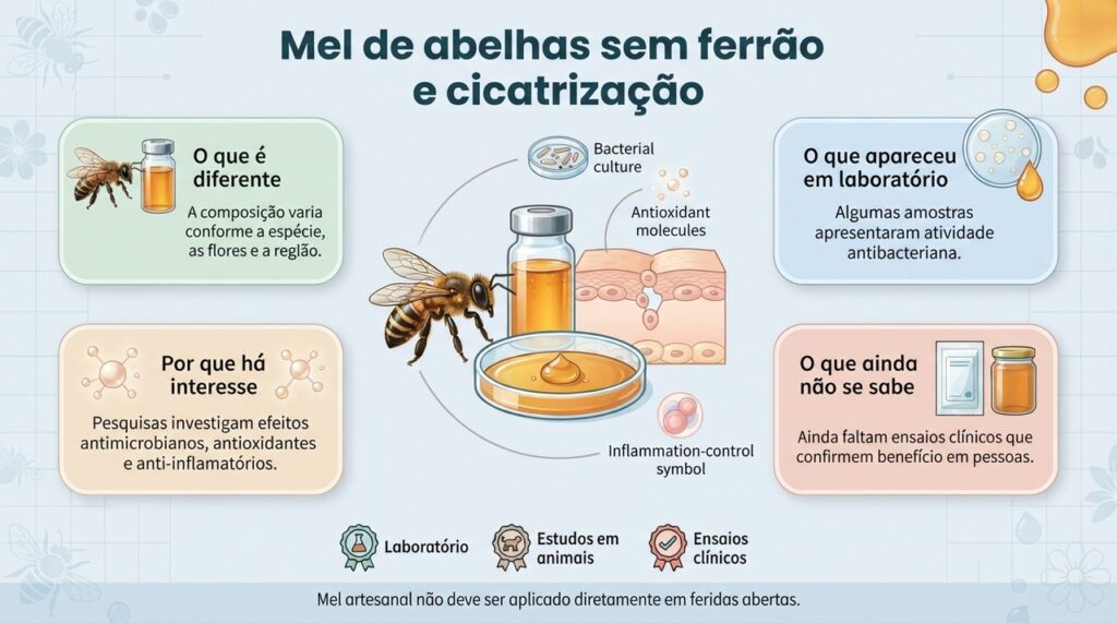 A maior parte das evidências sobre mel de abelhas sem ferrão ainda vem de pesquisas experimentais, não de uso clínico comprovado.