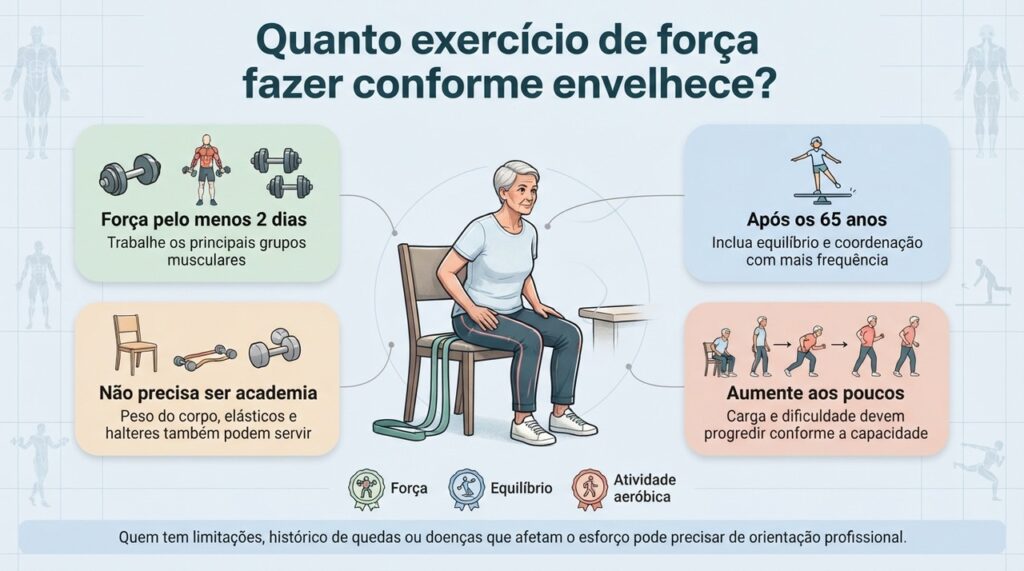 Uma rotina completa combina fortalecimento muscular, atividade aeróbica e, especialmente nos idosos, treino de equilíbrio.