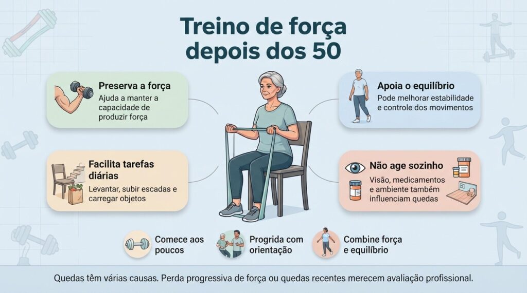 Força, equilíbrio e outros fatores de saúde e do ambiente participam da prevenção de quedas.