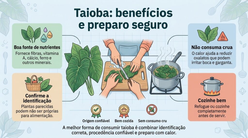 Identificação correta, procedência confiável e cozimento adequado são os principais cuidados para consumir taioba com segurança.